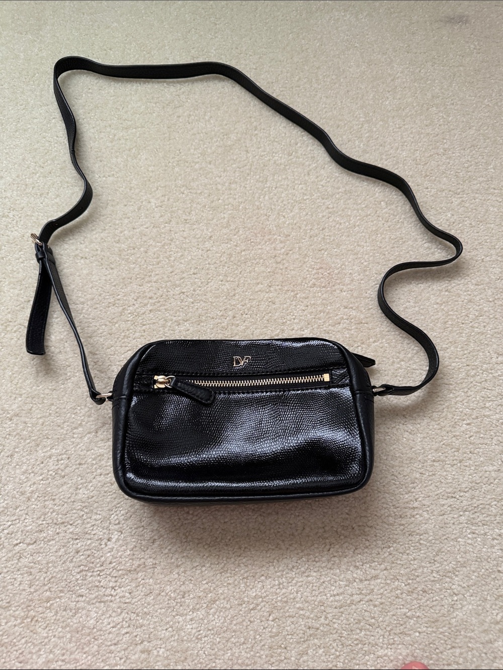 Diane Von Furstenberg Black Pebbled Leather Mini Crossbody with Gold Hardware